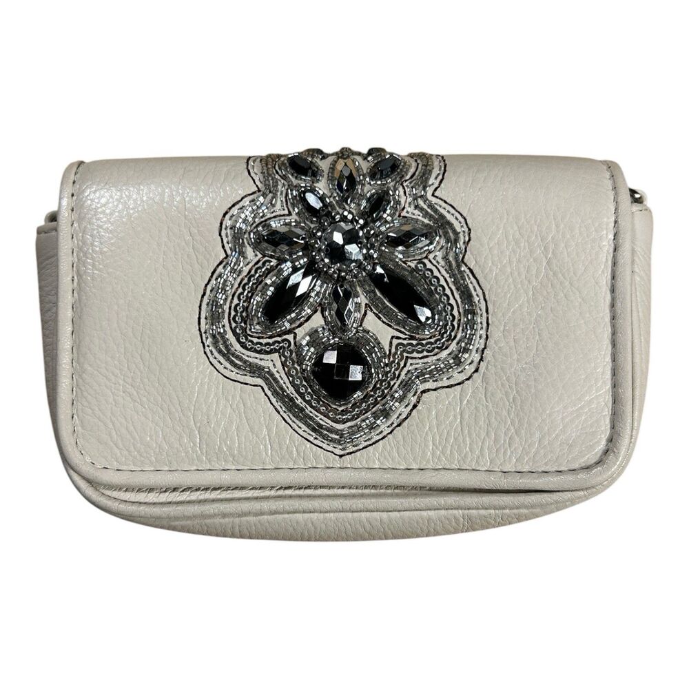 Brighton Cream Leather Beaded Jewel Crossbody Clutch Bag 5.5"